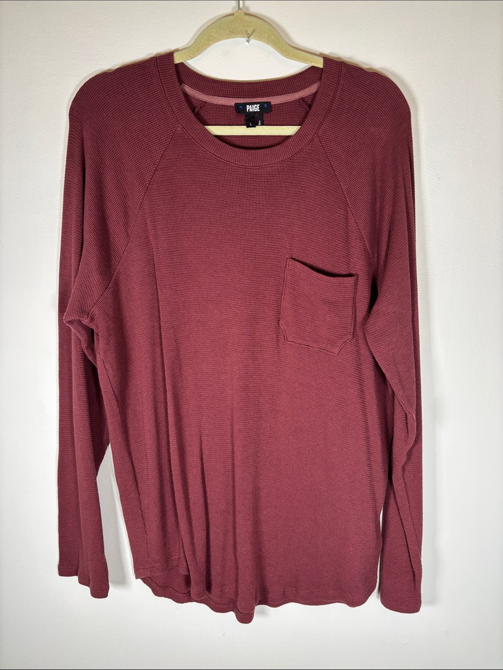 PAIGE Abe Baseball Tee Men's Large Red Velvet Waffle Knit Pocket Shirt